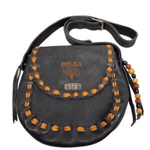 Womens Handcrafted Leather Crossbody Bag Gray Boho Southwestern Artisan Laced